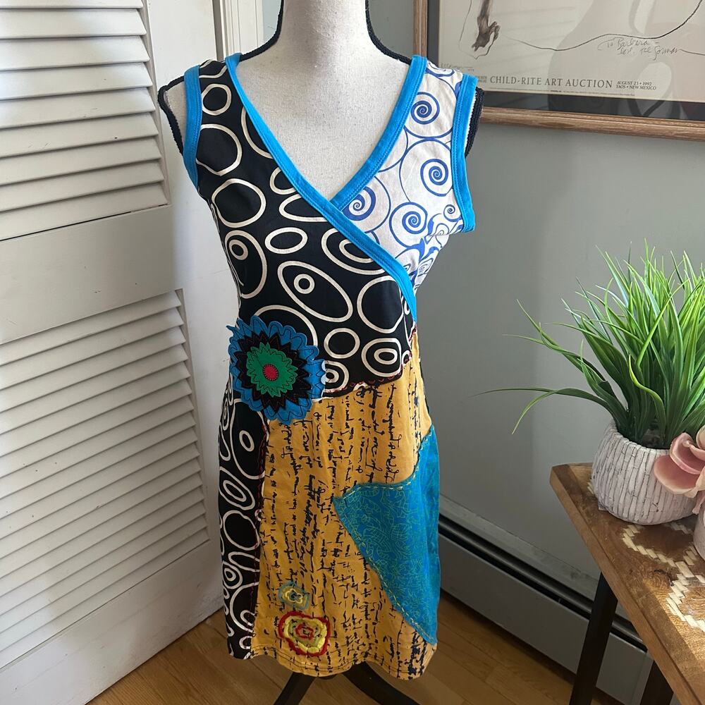 Smash Dress Womens Large Colorful Embroidered Patchwork Artsy Beach Boho Chic